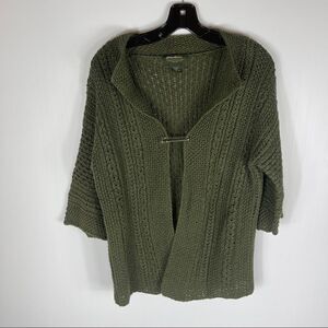 Eddie Bauer Linen Knit Open Cardigan Olive Green 3/4 Sleeves Pinned Closure